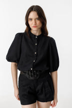 Bubble Linen Shirt Black - 100% Organic Prewashed Linen Puff Sleeve