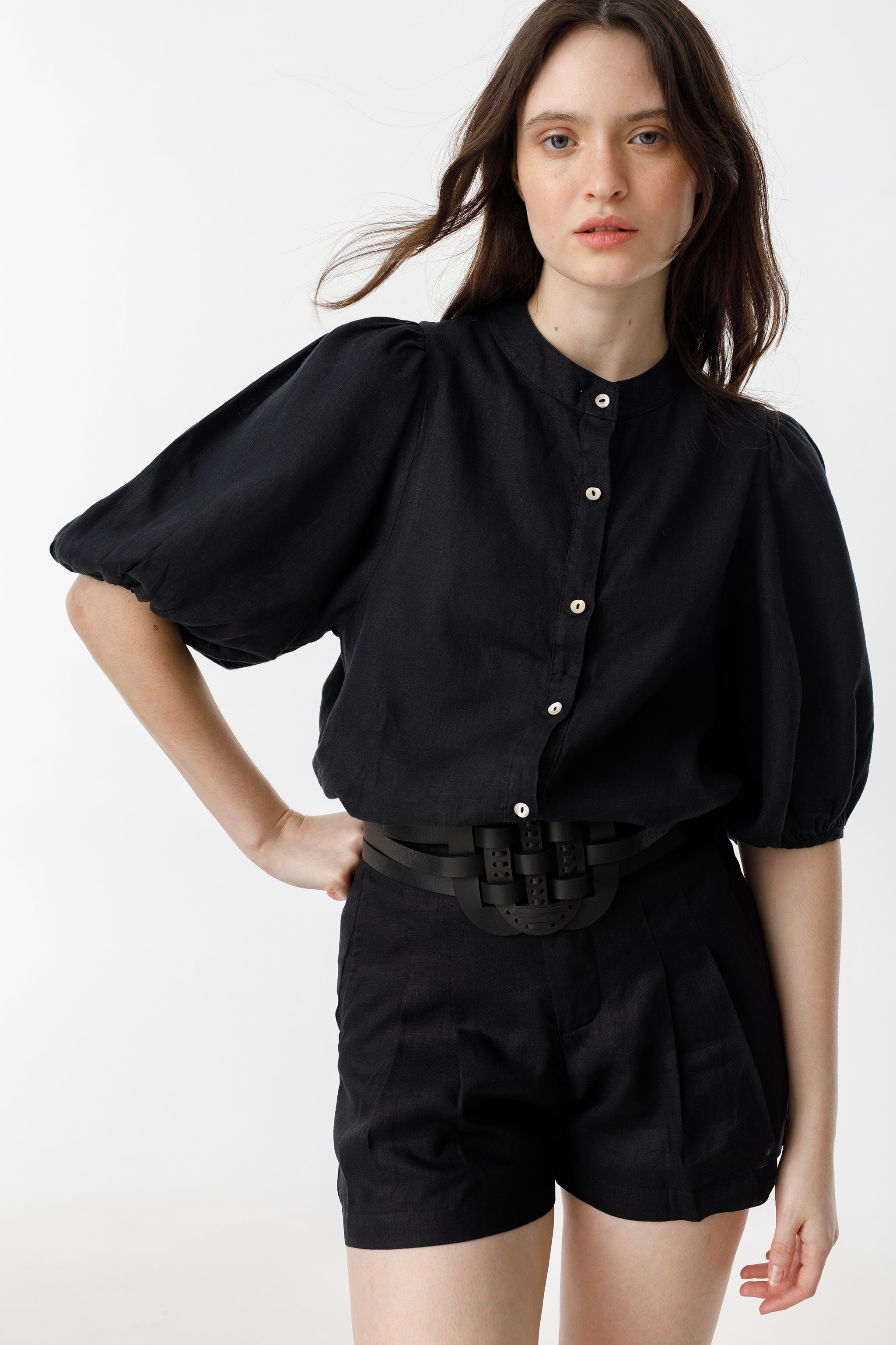 Bubble Linen Shirt Black - 100% Organic Prewashed Linen Puff Sleeve