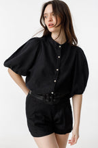 Bubble Linen Shirt Black - 100% Organic Prewashed Linen Puff Sleeve