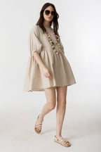 Alcala Linen Dress - Natural Oversized Dress with Puffed Sleeves