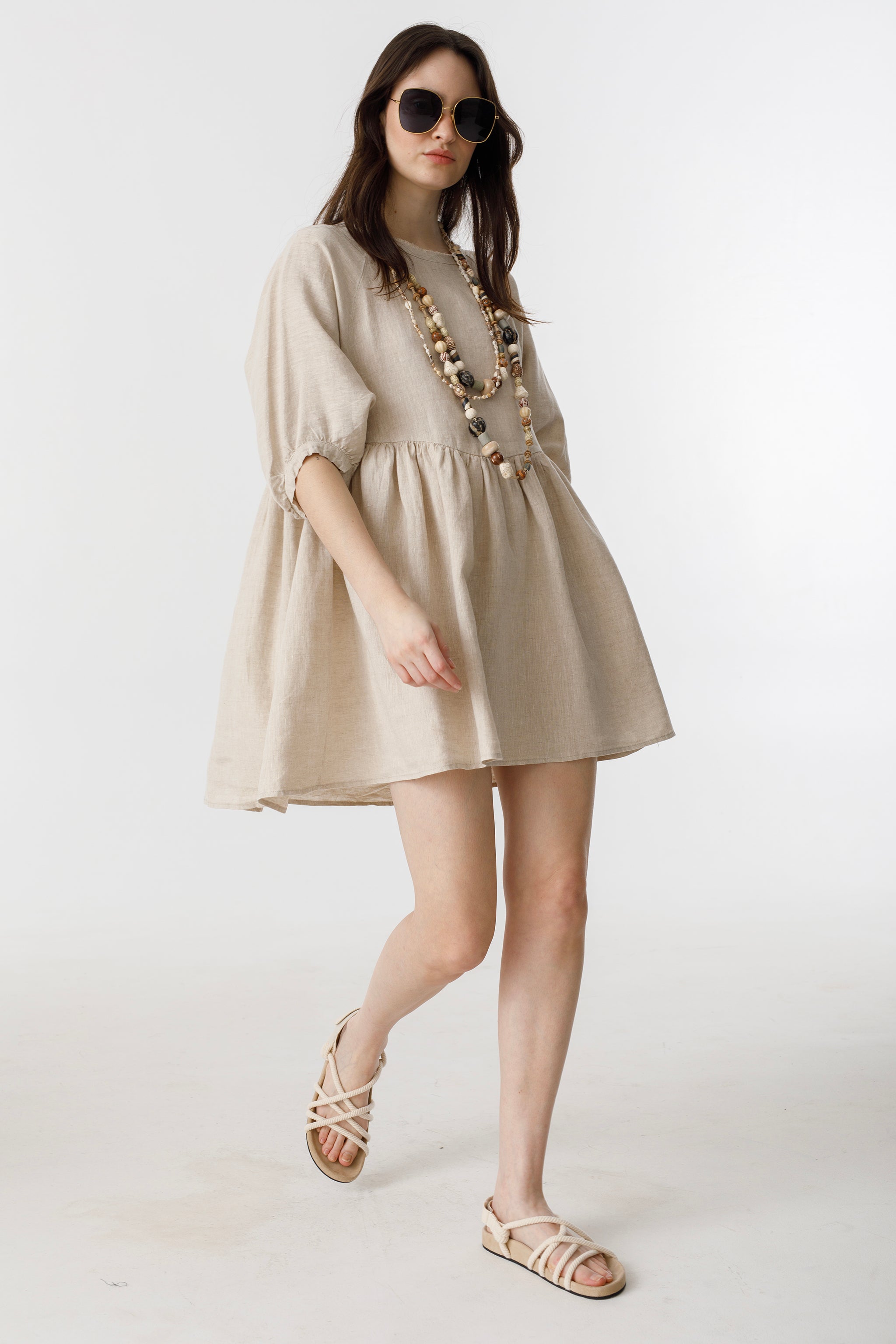 Alcala Linen Dress - Natural Oversized Dress with Puffed Sleeves