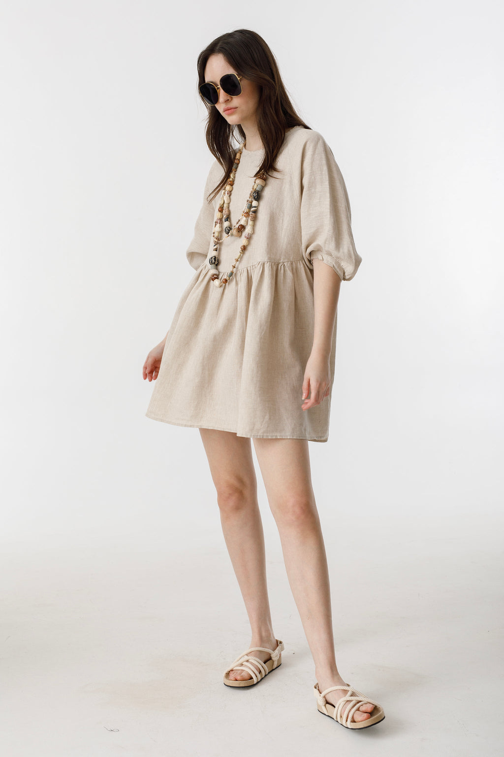 Alcala Linen Dress - Natural Oversized Dress with Puffed Sleeves