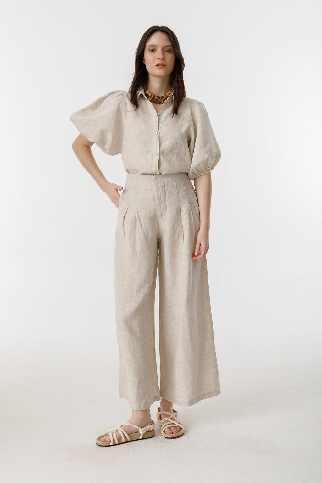 Culotte Linen Pants Natural High-Waisted 100% Organic Linen Wide-Leg