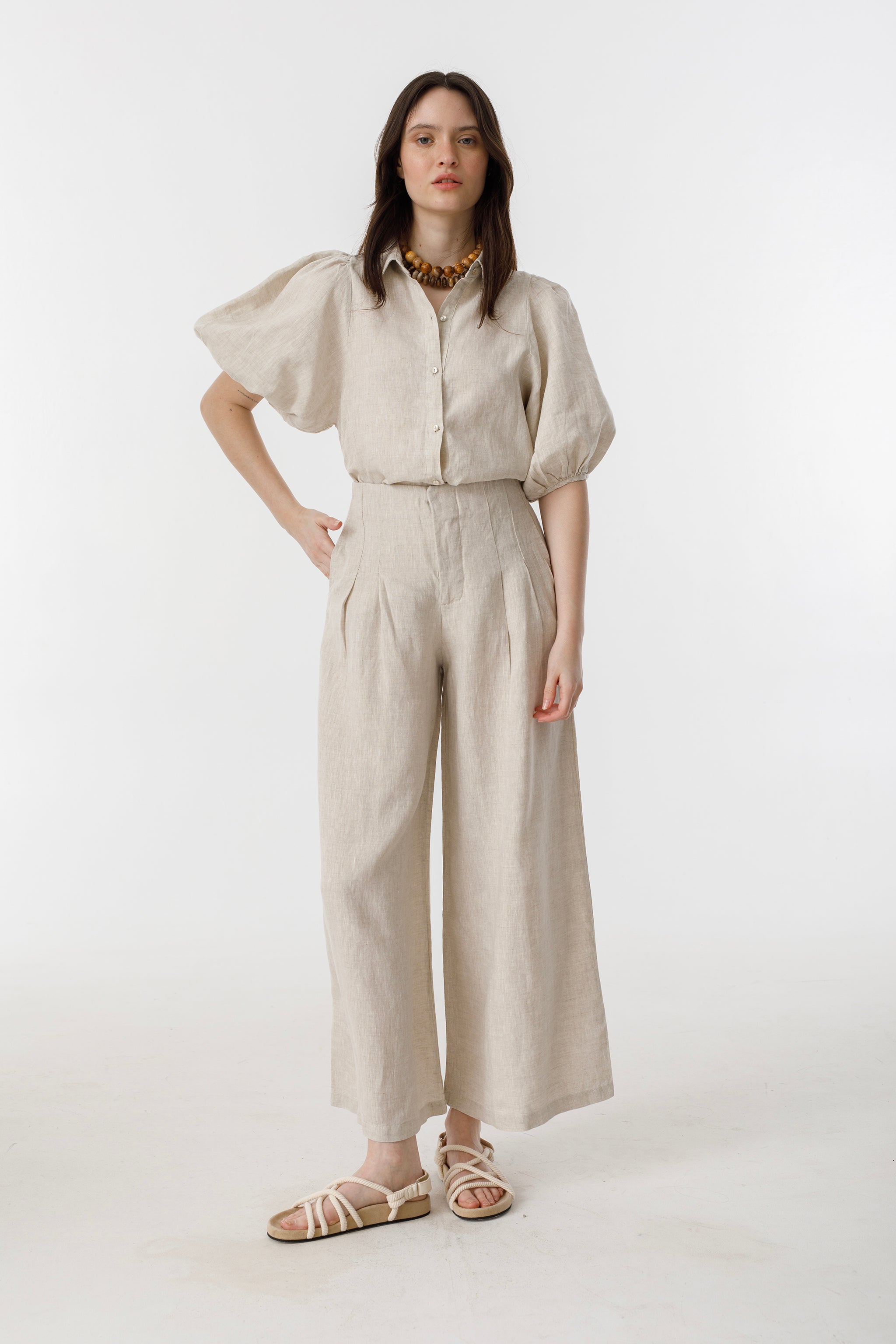 Culotte Linen Pants Natural High-Waisted 100% Organic Linen Wide-Leg