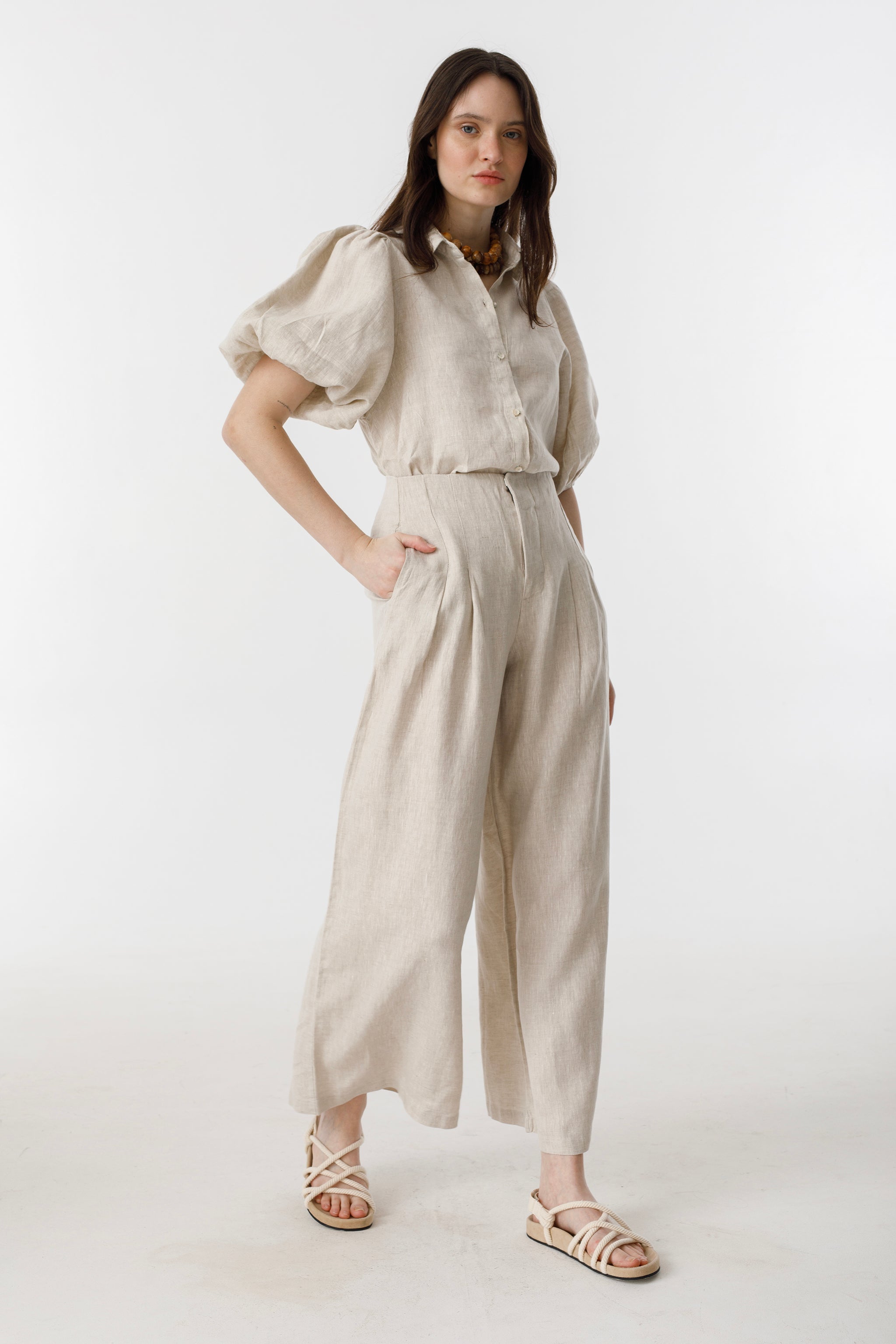 Culotte Linen Pants Natural High-Waisted 100% Organic Linen Wide-Leg