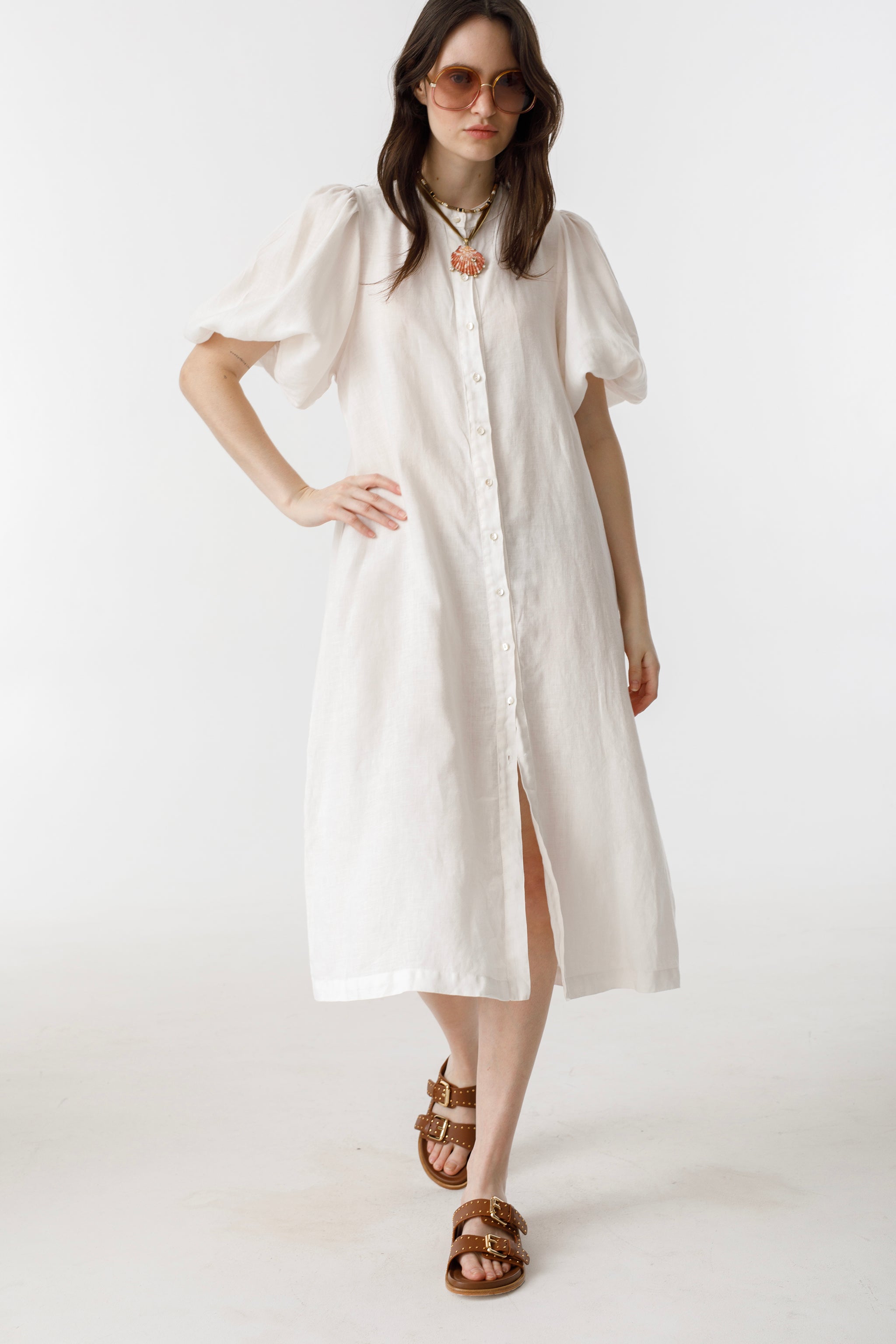 Bubble Linen Dress - White Elegant A-Line Mao Neck Balloon Sleeves
