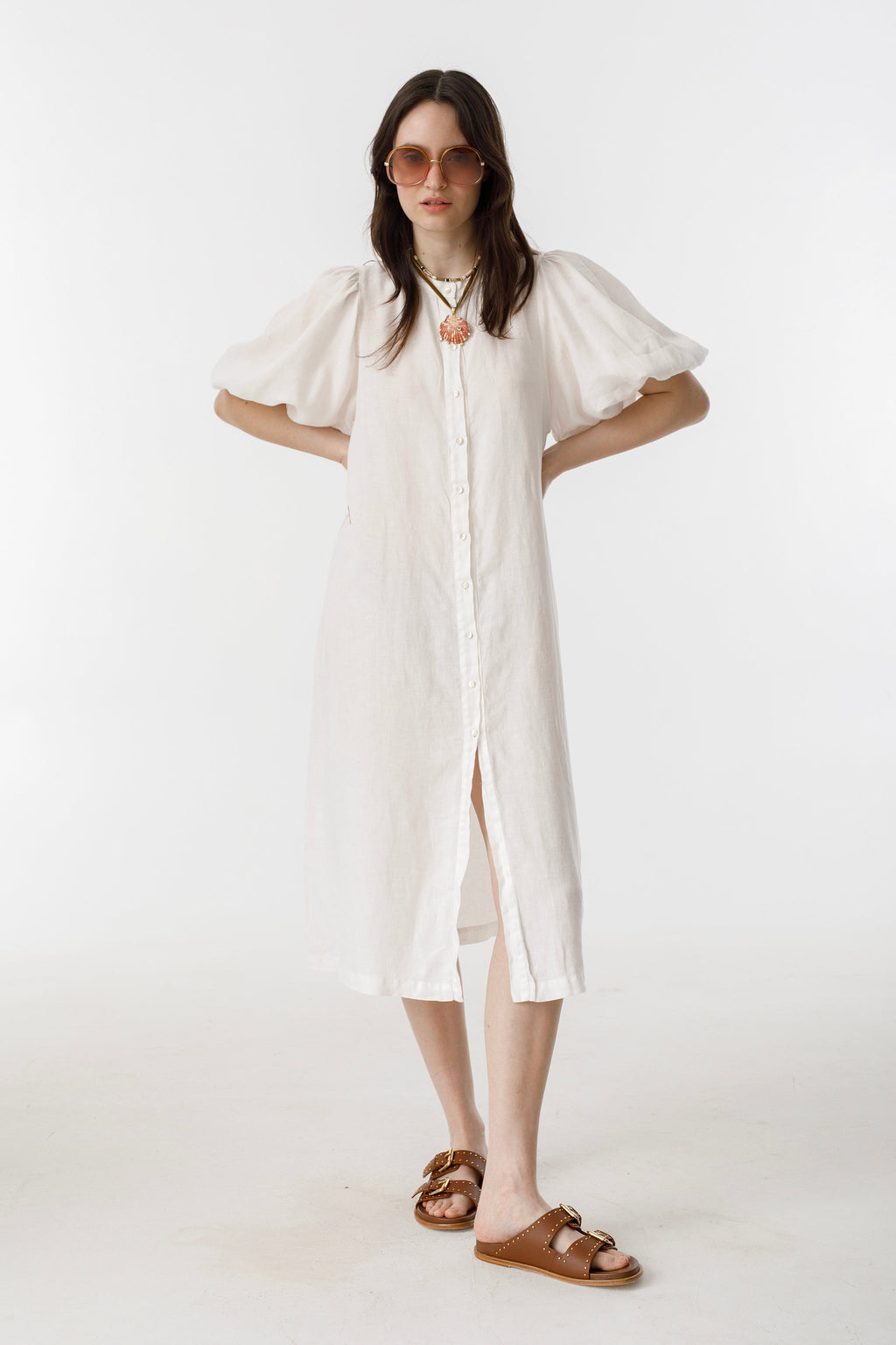 Bubble Linen Dress - White Elegant A-Line Mao Neck Balloon Sleeves