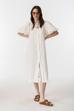 Bubble Linen Dress - White Elegant A-Line Mao Neck Balloon Sleeves