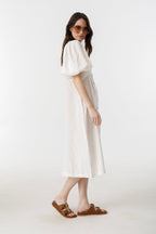 Bubble Linen Dress - White Elegant A-Line Mao Neck Balloon Sleeves