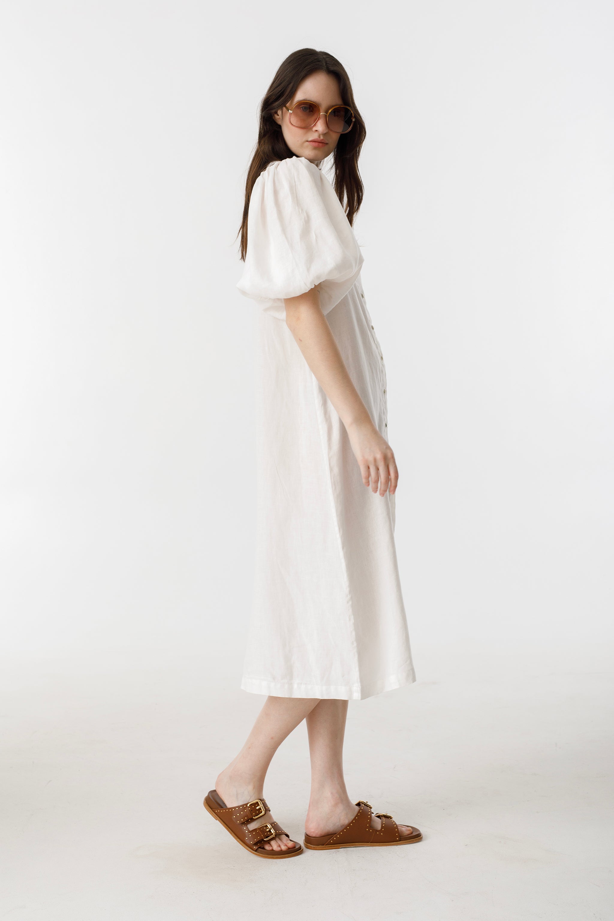 Bubble Linen Dress - White Elegant A-Line Mao Neck Balloon Sleeves