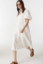 Bubble Linen Dress - White Elegant A-Line Mao Neck Balloon Sleeves