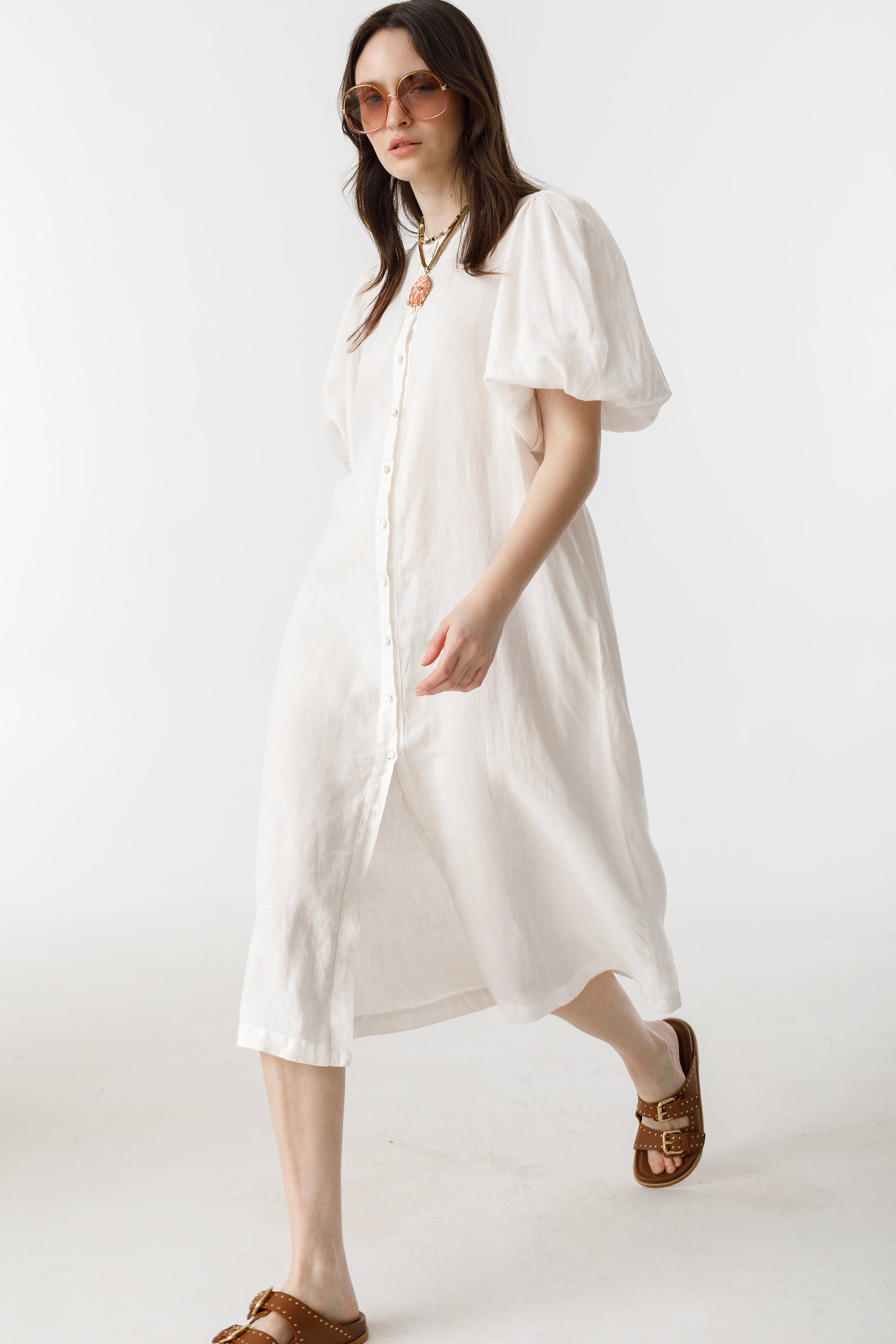 Bubble Linen Dress - White Elegant A-Line Mao Neck Balloon Sleeves