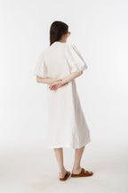 Bubble Linen Dress - White Elegant A-Line Mao Neck Balloon Sleeves