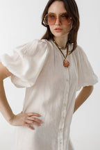 Bubble Linen Dress - White Elegant A-Line Mao Neck Balloon Sleeves