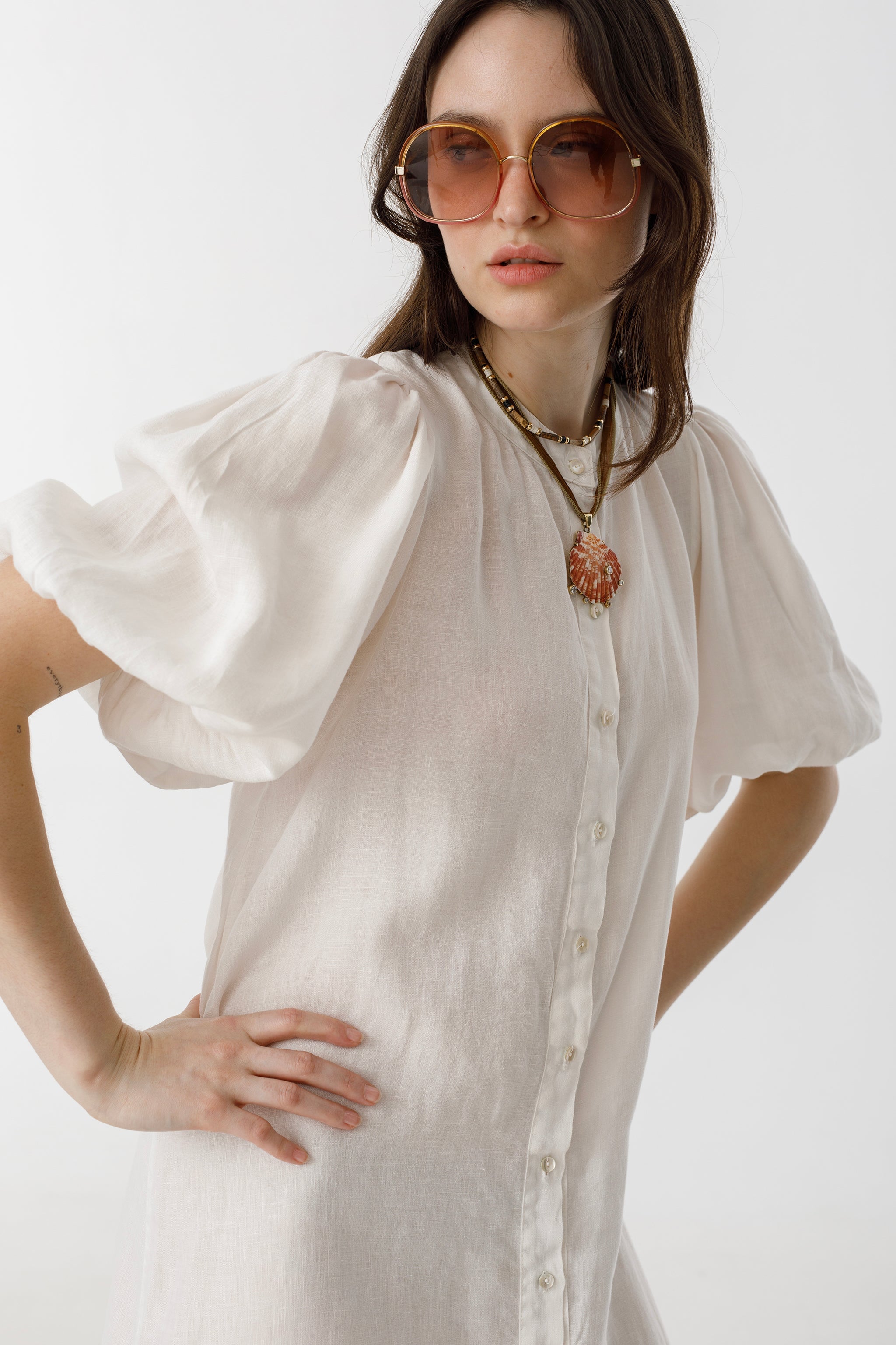 Bubble Linen Dress - White Elegant A-Line Mao Neck Balloon Sleeves
