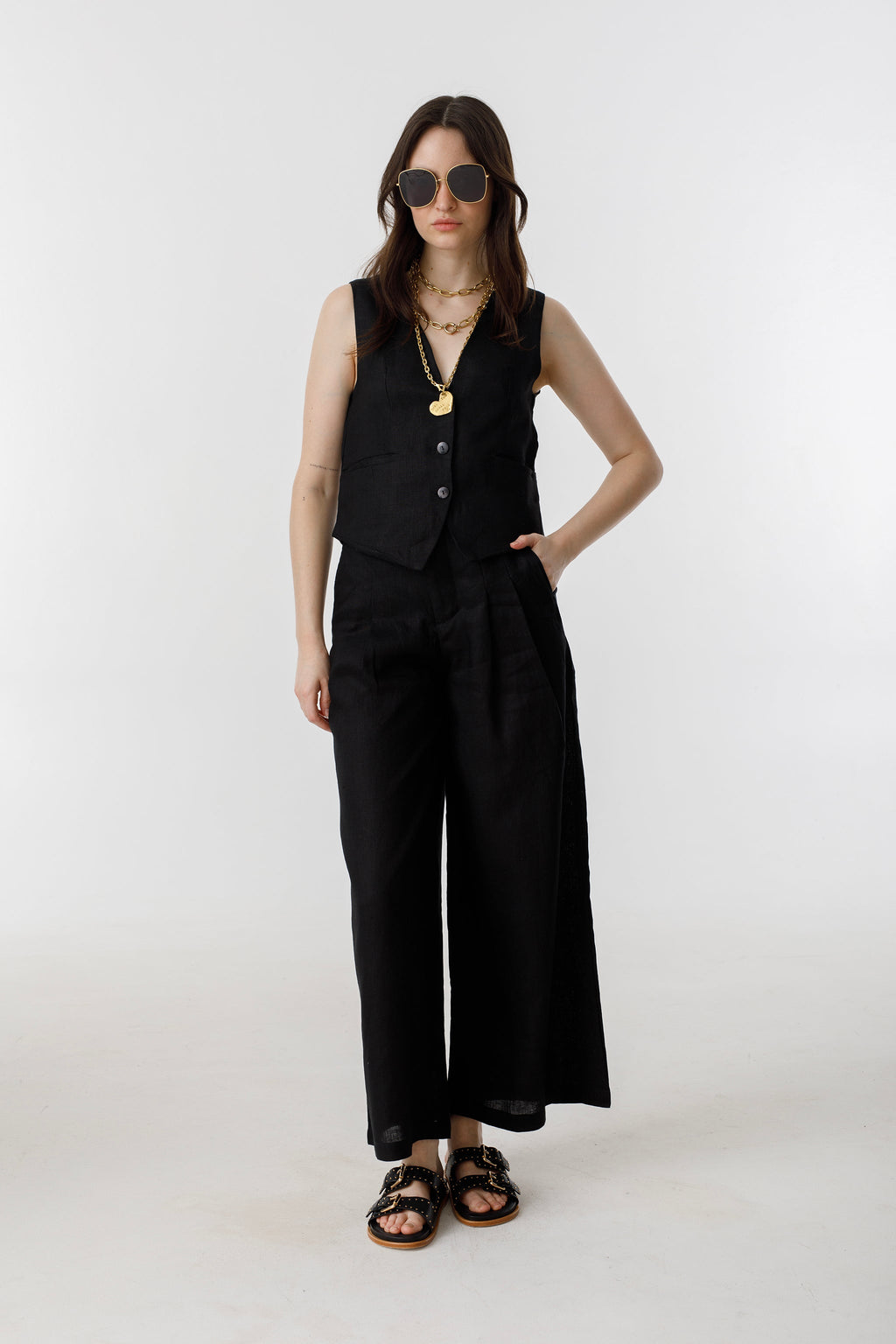 Culotte Linen Pants Black High-Waisted 100% Organic Linen Wide-Leg