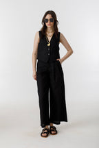 Culotte Linen Pants Black High-Waisted 100% Organic Linen Wide-Leg