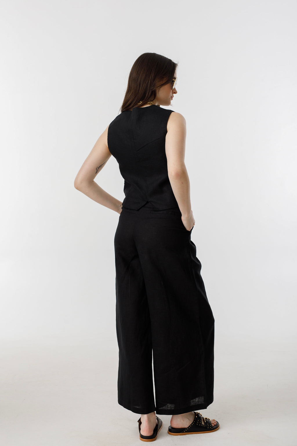 Culotte Linen Pants Black High-Waisted 100% Organic Linen Wide-Leg