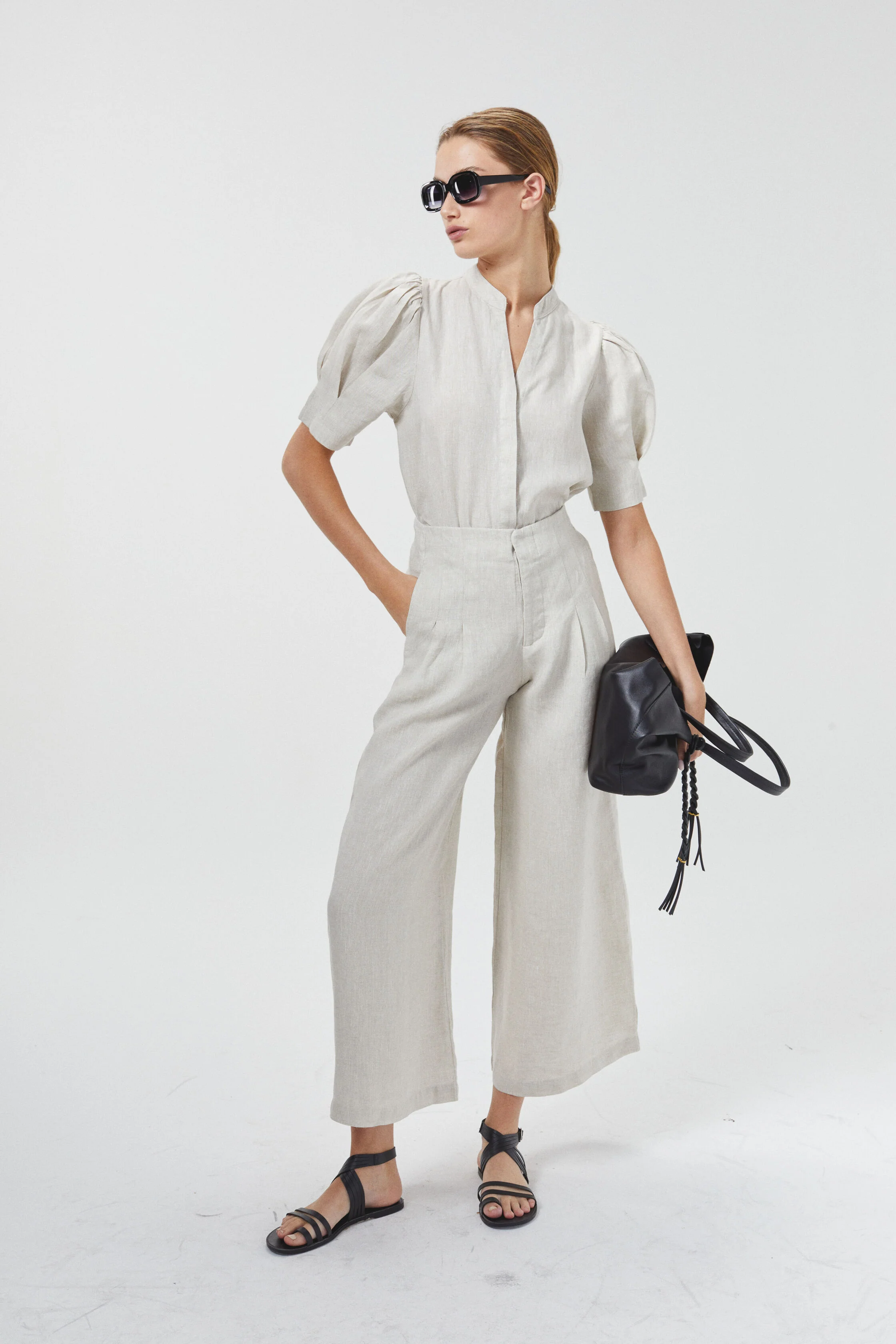 Culotte Linen Pants Natural High-Waisted 100% Organic Linen Wide-Leg