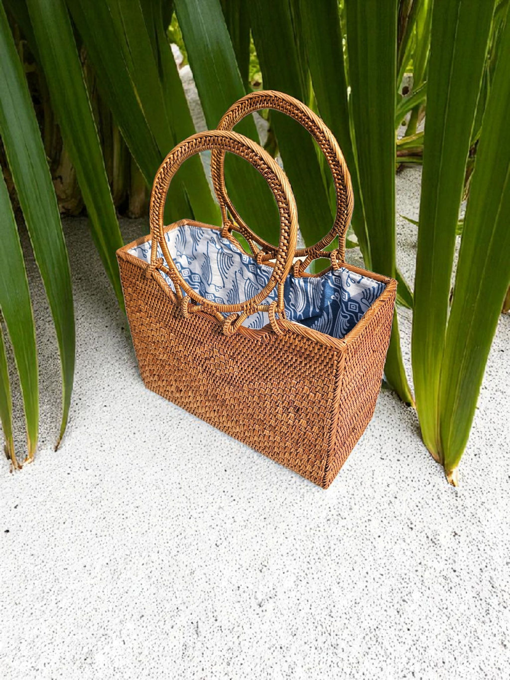 Marais Handmade Rattan Tote Bag with Blue White Batik Lining