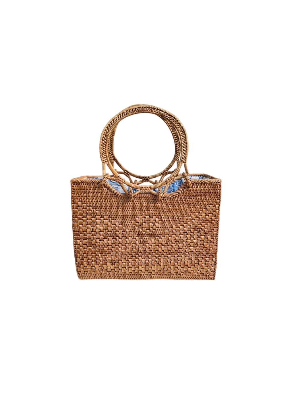 Marais Handmade Rattan Tote Bag with Blue White Batik Lining